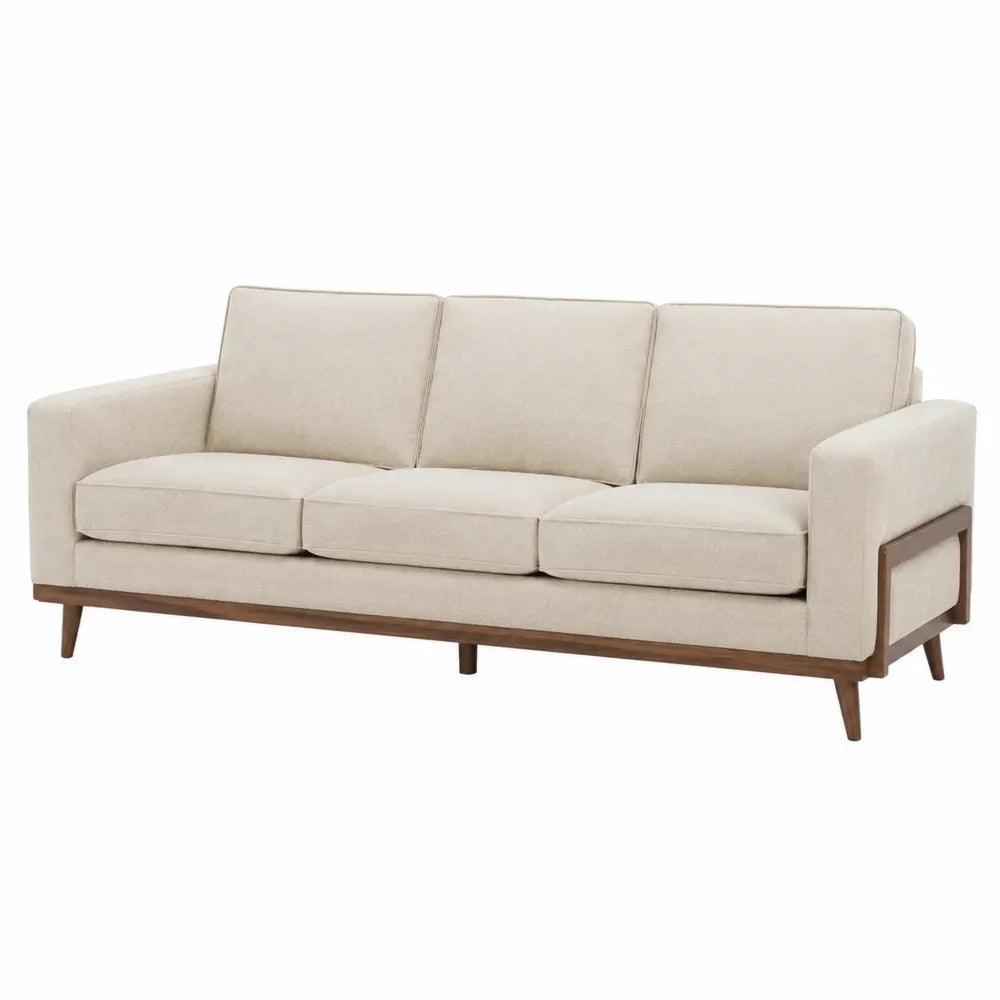 Divano a tre posti in legno e tessuto beige