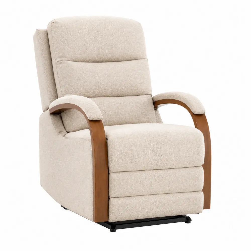 Poltrona Reclinabile in Tessuto Beige con Braccioli in Legno di Quercia