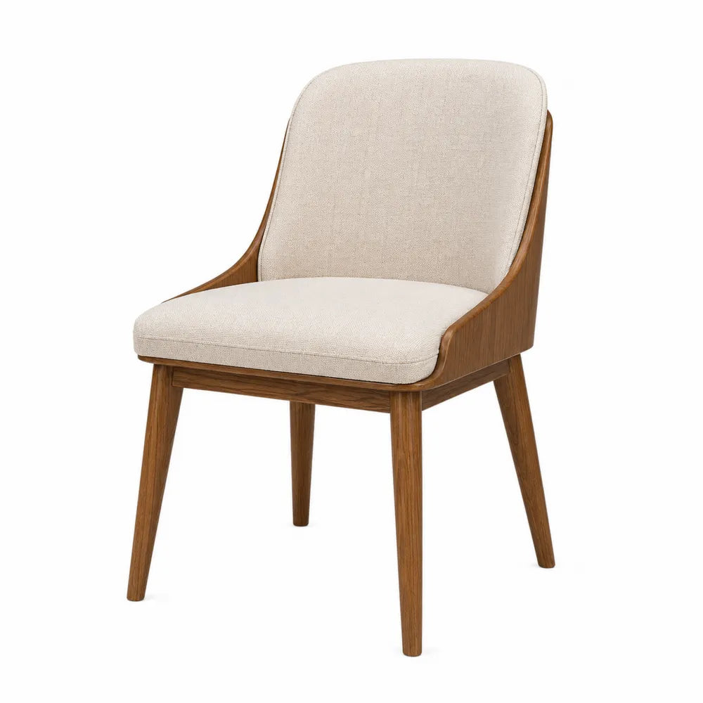 Sedia in legno e tessuto beige con struttura massello