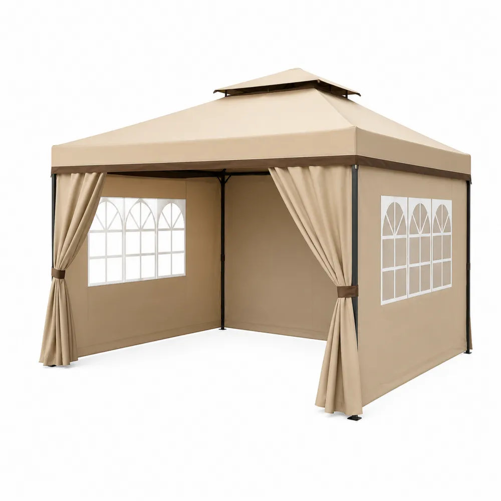 Gazebo da Giardino 3x3 m in Metallo e Tessuto Beige con Finestre ad Arco
