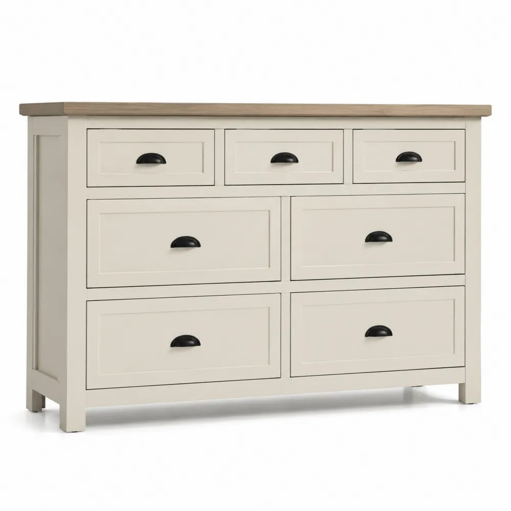 Cassettiera in legno con 7 cassetti beige e top in quercia