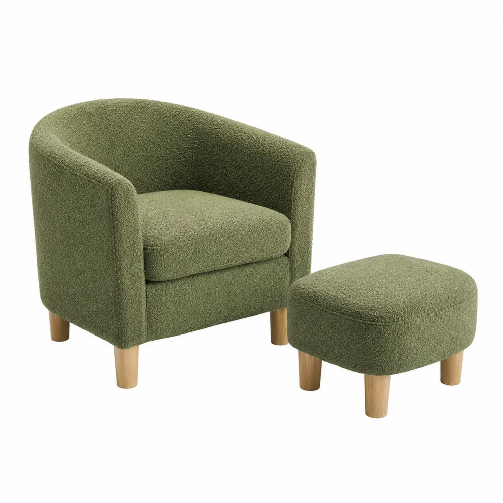 Set poltrona con poggiapiedi verde in tessuto bouclé e gambe in legno