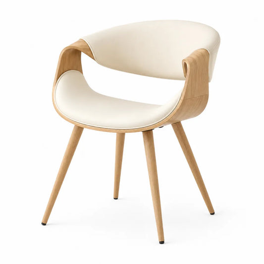Sedia in legno e pelle PU beige con schienale curvo