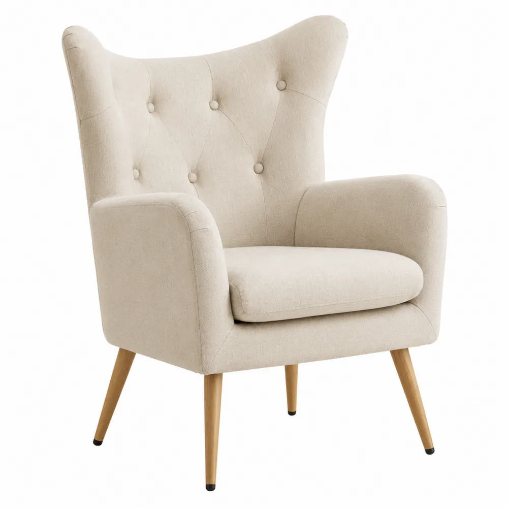 Poltrona in tessuto di poliestere beige con gambe in legno di faggio
