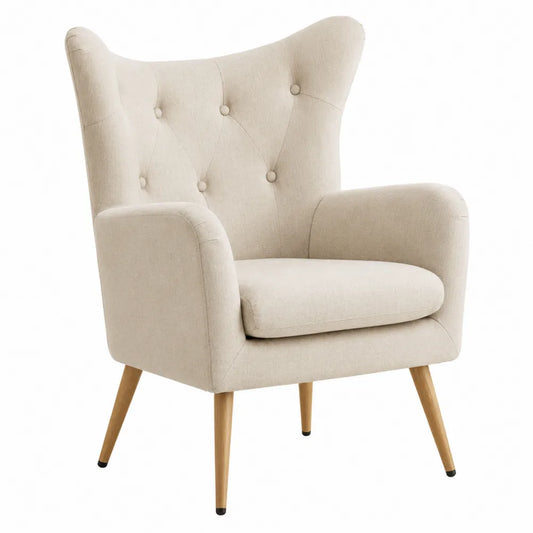 Poltrona in tessuto di poliestere beige con gambe in legno di faggio