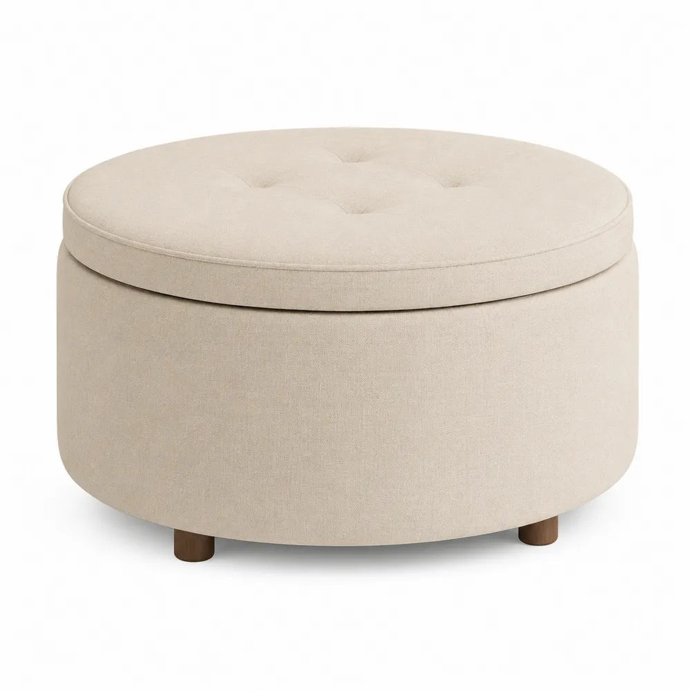 Pouf rotondo in tessuto beige con vano contenitore