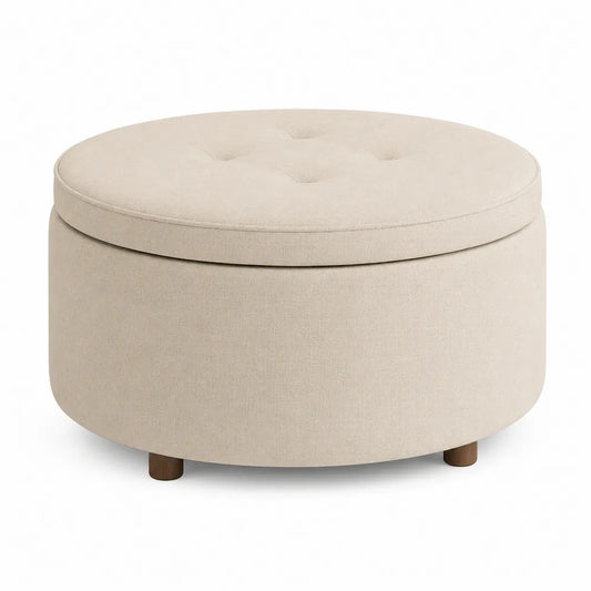 Pouf rotondo in tessuto beige con vano contenitore