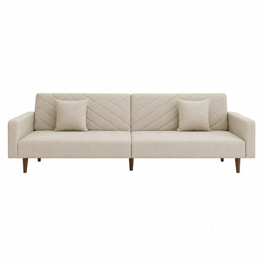 Divano in tessuto beige con gambe in legno