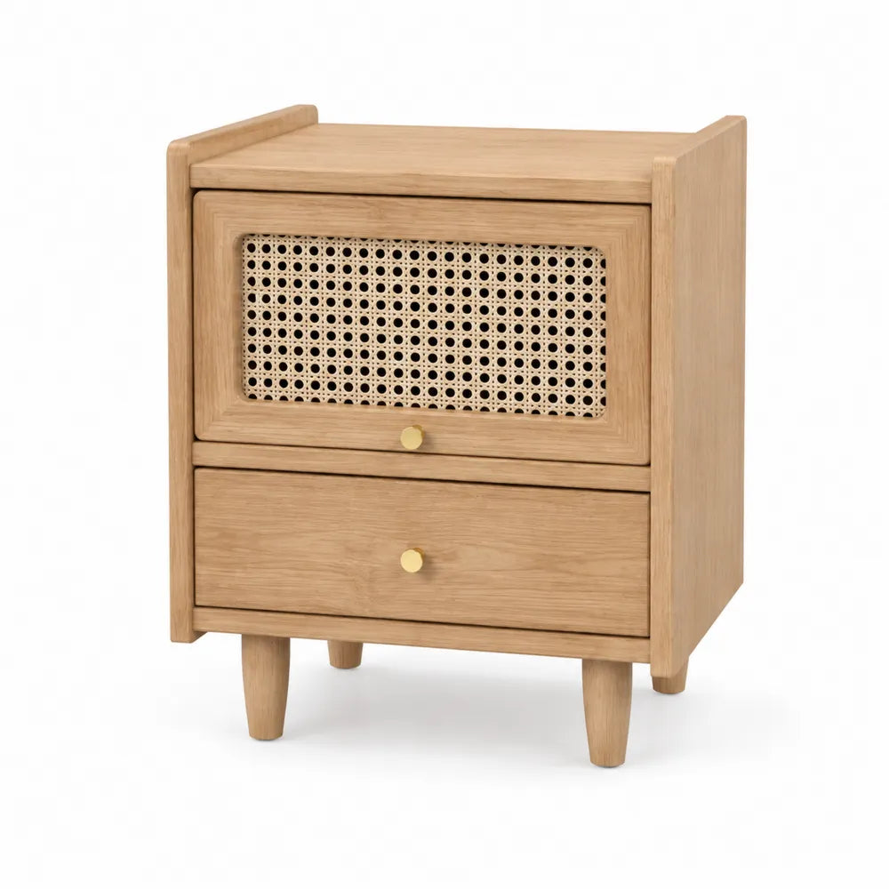 Comodino in legno di quercia con rattan intrecciato e due cassetti