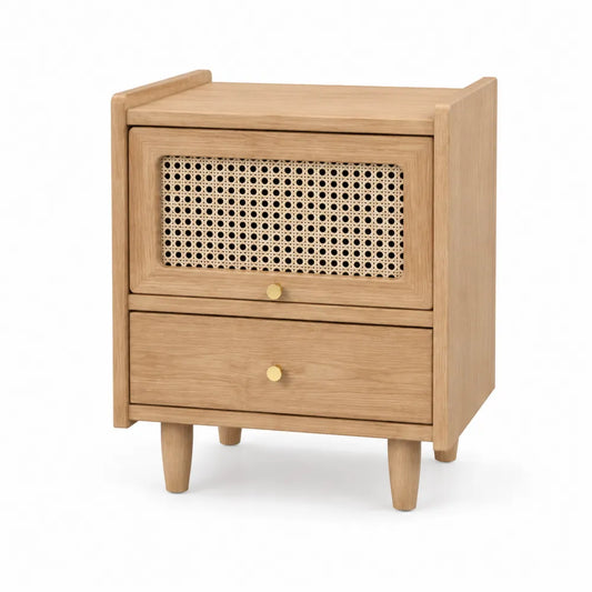 Comodino in legno di quercia con rattan intrecciato e due cassetti