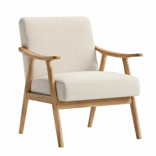 Poltrona in legno con rivestimento in tessuto crema