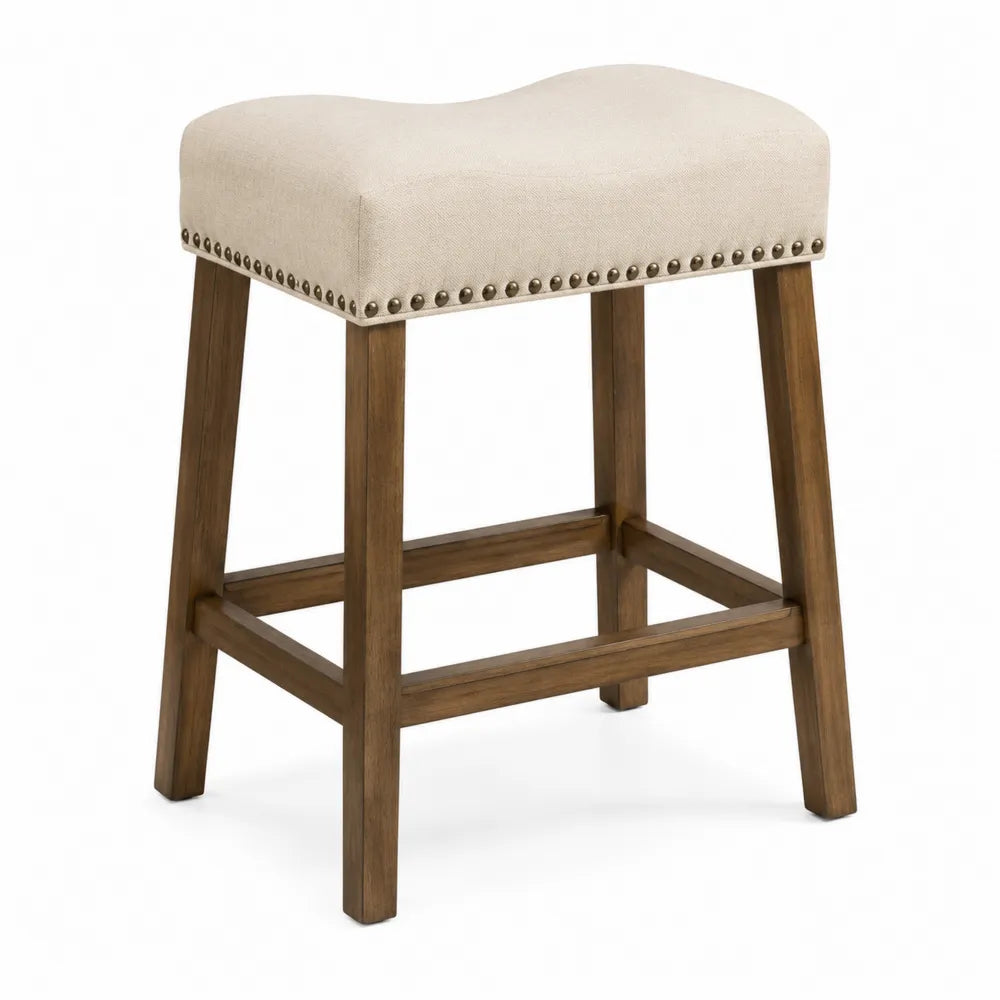 Sgabello in legno e tessuto beige con borchie, 75 cm