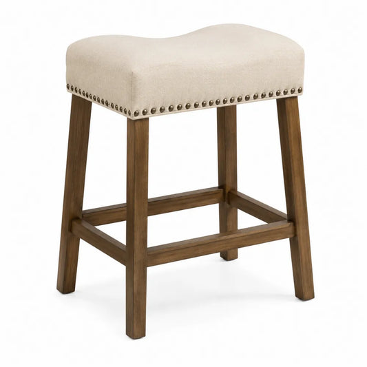 Sgabello in legno e tessuto beige con borchie, 75 cm
