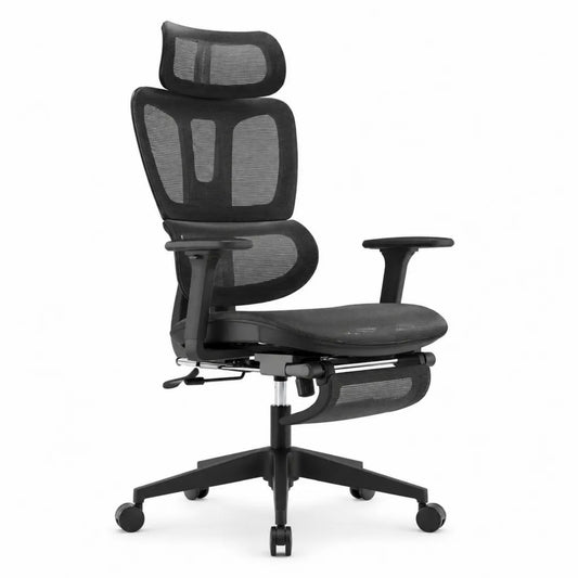 Sedia ergonomica in plastica e rete nera con poggiatesta regolabile