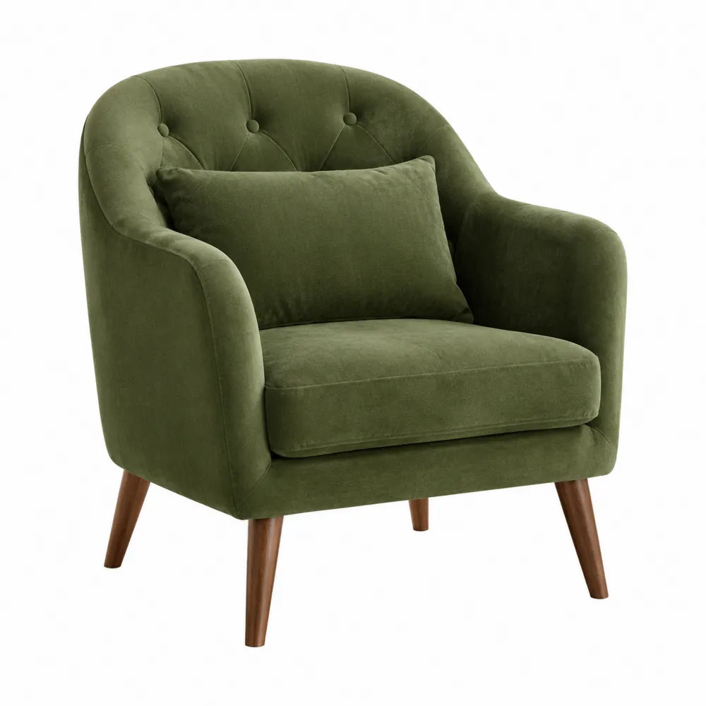 Poltrona in Velluto Verde con Cuscino e Gambe in Legno
