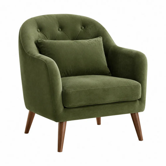 Poltrona in Velluto Verde con Cuscino e Gambe in Legno