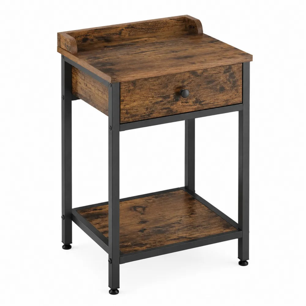 Tavolino in legno e metallo marrone e nero con cassetto