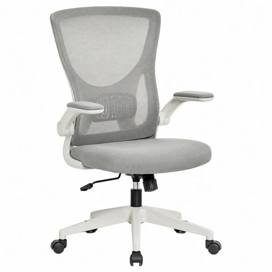Sedia ergonomica in rete e tessuto grigio con base a cinque stelle