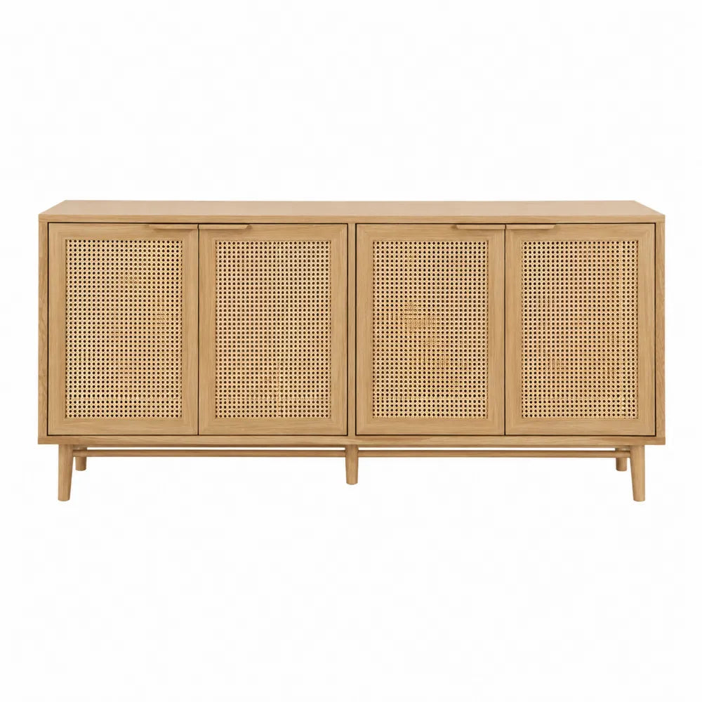 Credenza in Legno di Quercia e Rattan 4 Ante Marrone Chiaro
