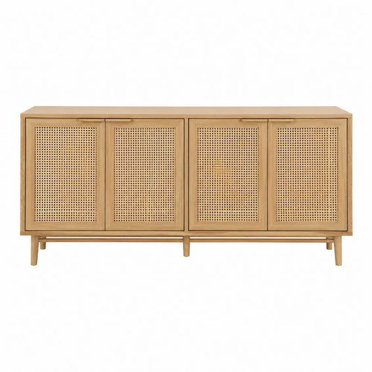 Credenza in Legno di Quercia e Rattan 4 Ante Marrone Chiaro