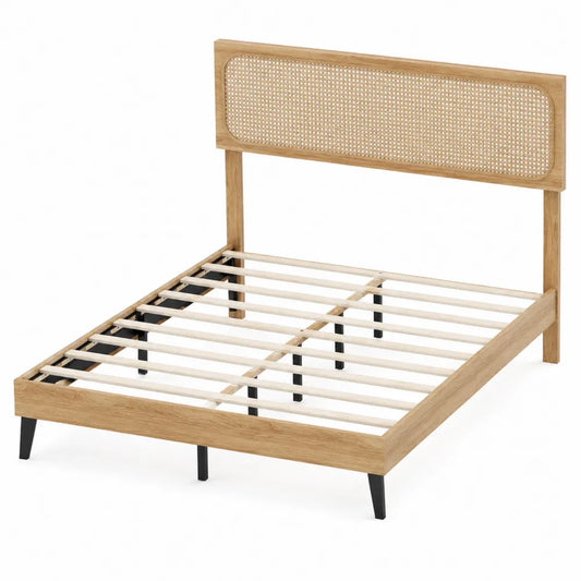 Letto matrimoniale in legno e metallo con testiera in rattan 200x160 cm