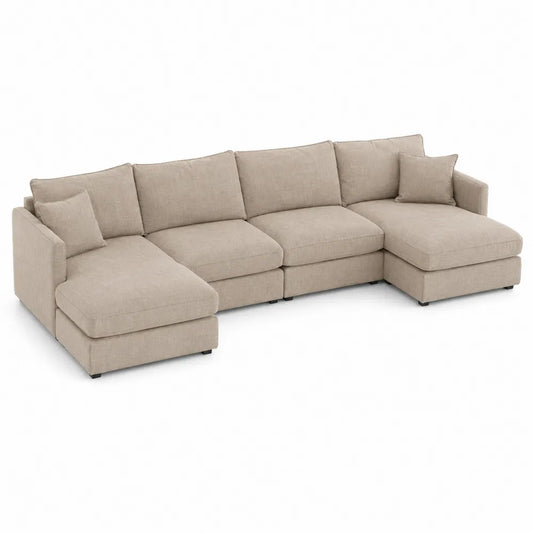 Divano ad angolo modulare in tessuto di lino beige con chaise longue