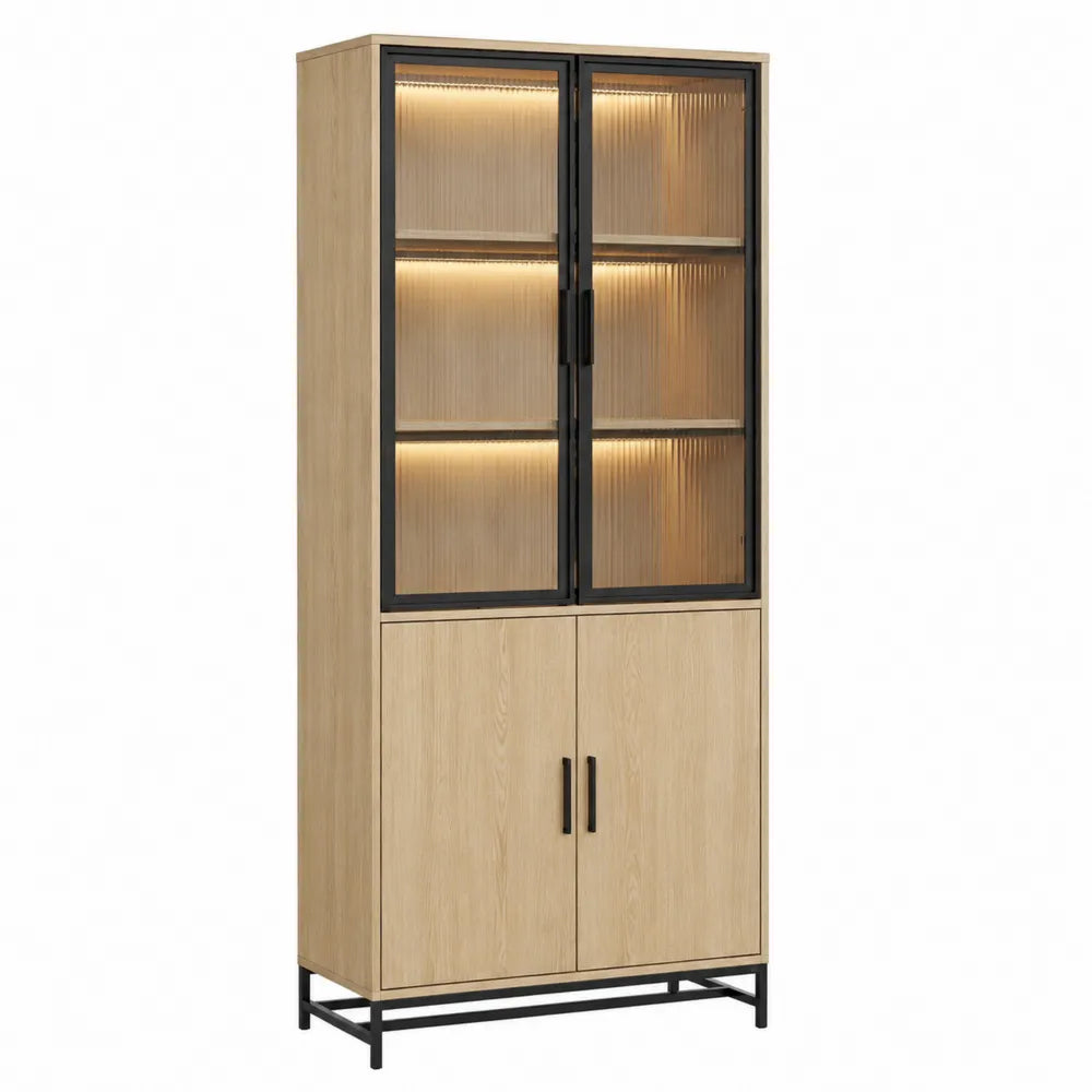 Libreria in legno naturale e metallo con ante in vetro ondulato