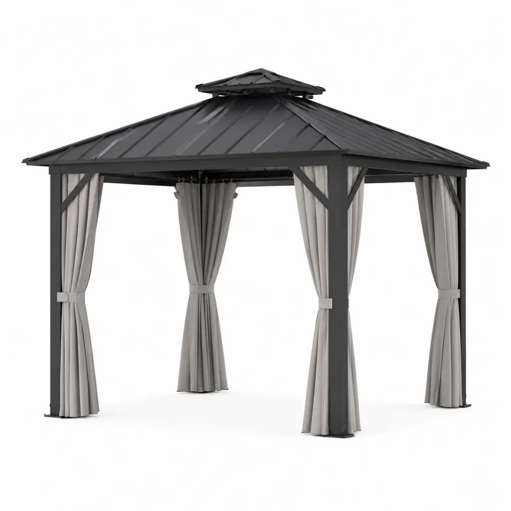 Gazebo da Esterno in Alluminio con Tetto in Acciaio e Tende in Poliestere