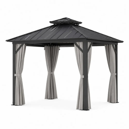 Gazebo da Esterno in Alluminio con Tetto in Acciaio e Tende in Poliestere