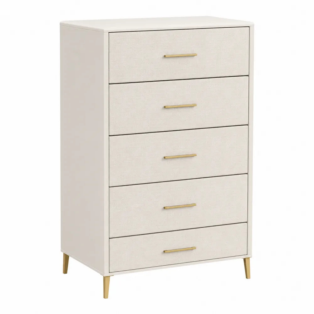 Cassettiera in Legno MDF con 5 Cassetti e Maniglie in Metallo, Bianco e Oro