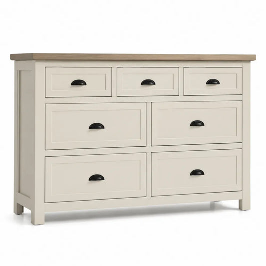 Cassettiera in legno con 7 cassetti beige e top in quercia
