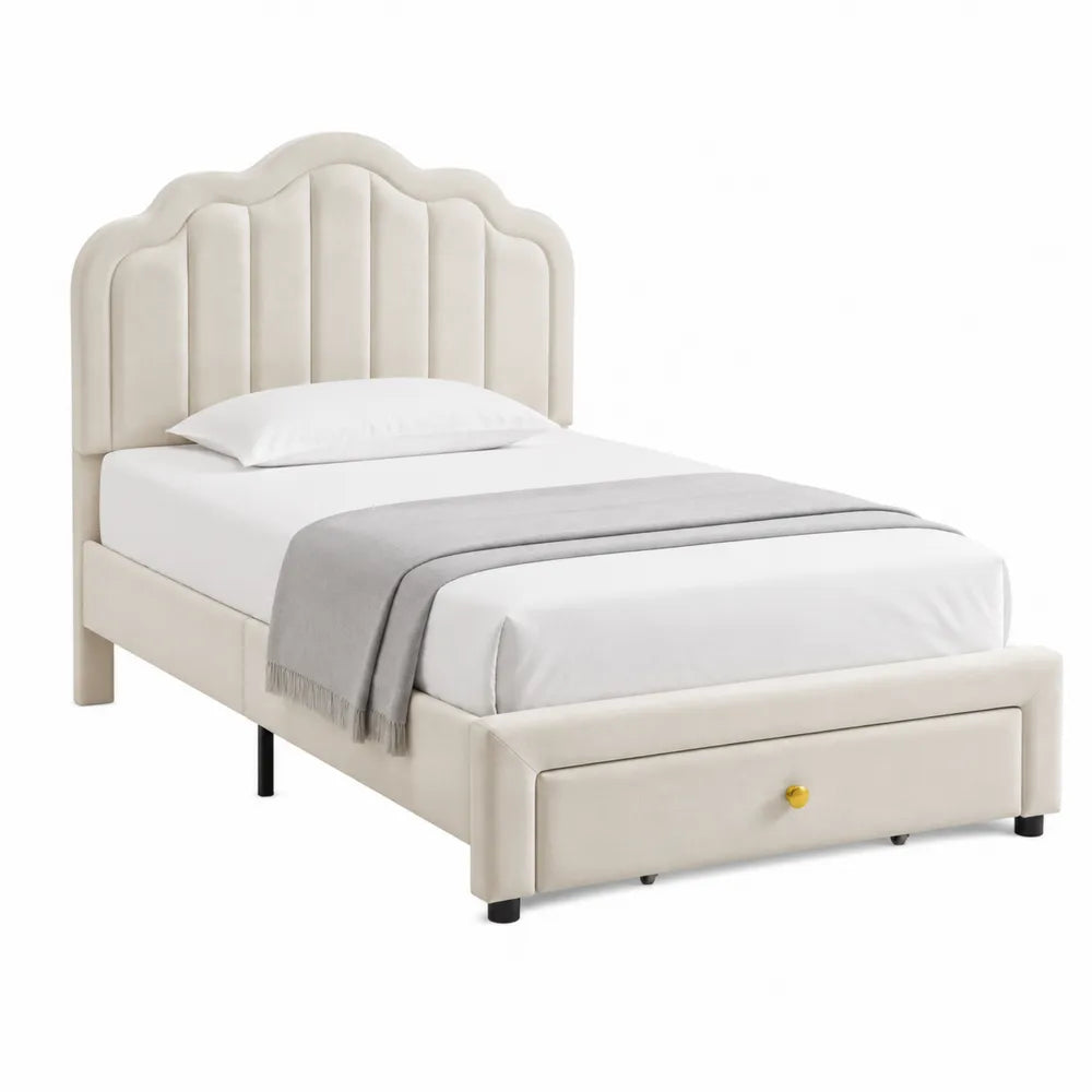 Letto singolo in velluto beige con cassetto