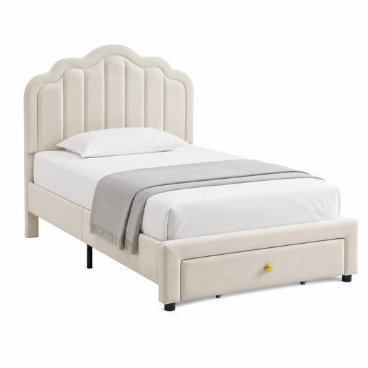 Letto singolo in velluto beige con cassetto
