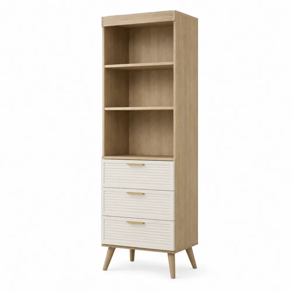 Libreria con Ripiani e Cassetti in Legno Chiaro e Bianco