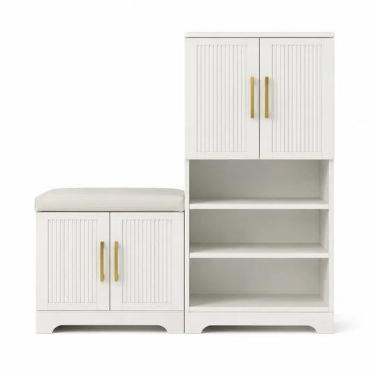 Set Panca e Armadietto Bianco in Legno con Imbottitura