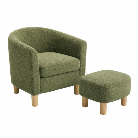 Set poltrona con poggiapiedi verde in tessuto bouclé e gambe in legno