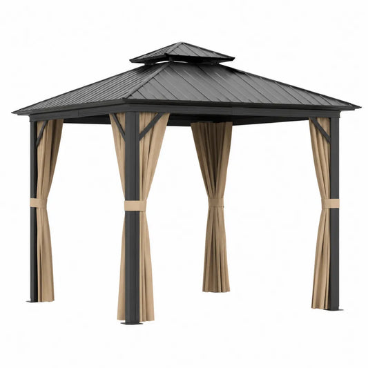 Gazebo in Alluminio e Policarbonato con Tende in Poliestere Beige