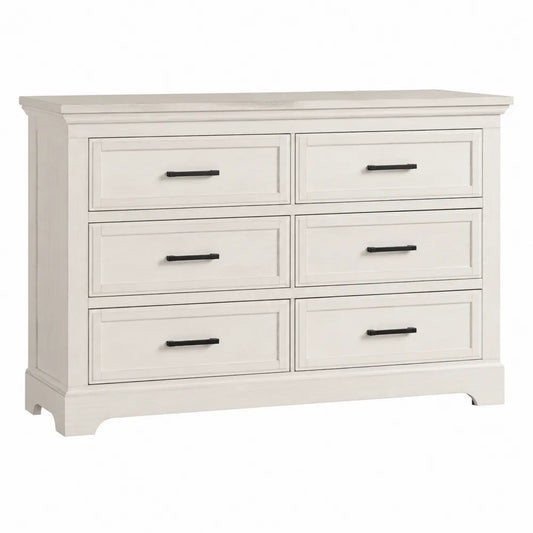 Cassettiera in legno massello a 6 cassetti con maniglie in metallo bianco 130x45x80 cm